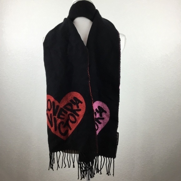 VICTORIA’S Secret Love Victoria Fringed Red Pink Black Color Block Scarf - Picture 9 of 10